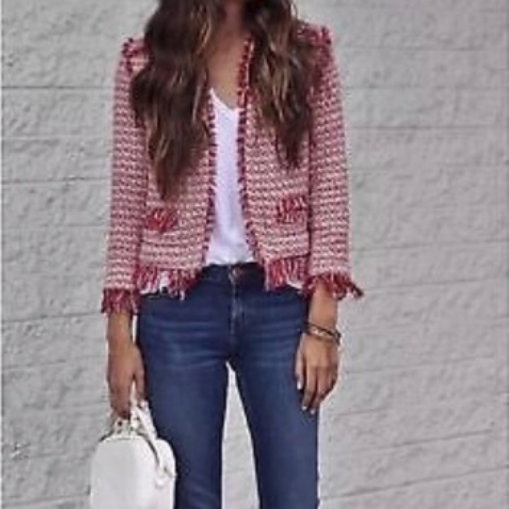 Zara Red White Frayed Tweed Blazer, Size XS